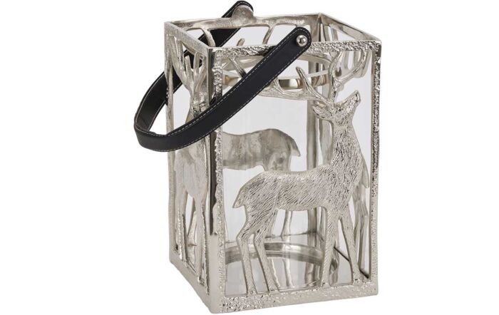 Hill Interiors Silver Stag Hurricane Square Lantern With Black Strap-22706