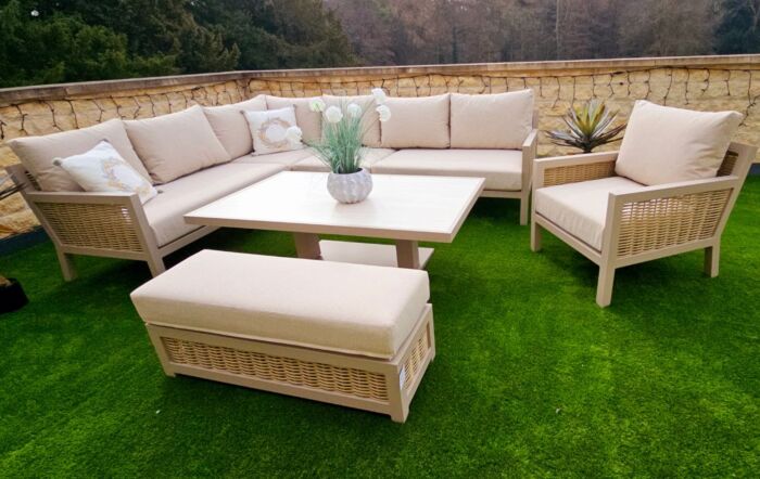 JB Furniture Exclusive Conrad Rattan Corner Sofa with Adjustable Table and Armchair - Latte