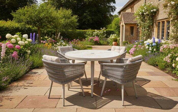 JB Furniture Exclusive Seychelles 4 Seat Round Garden Dining Set with Parasol & Base - Latte-CW-AD329