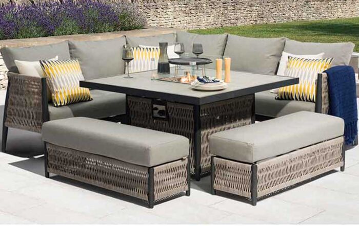 Bramblecrest Mauritius Grey Garden Corner Sofa Set with Firepit Table