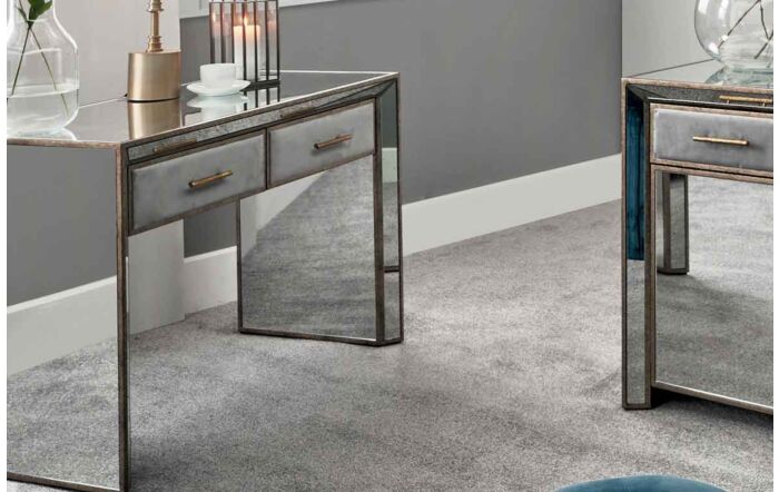 Pacific Lifestyle Brindisi Grey Velvet, Antique Metal and Mirror Console Table
