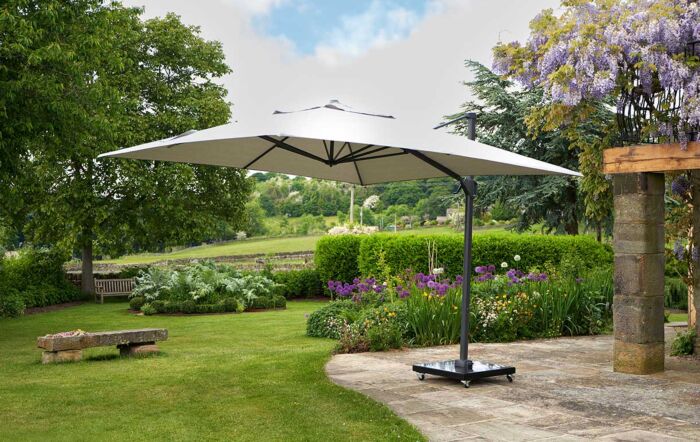 Pacific Lifestyle Challenger T2 3.5 x 2.6m Rectangular Luna Grey Free Arm Parasol With 90kg Wheeled Base-18-304-LG & 18-125