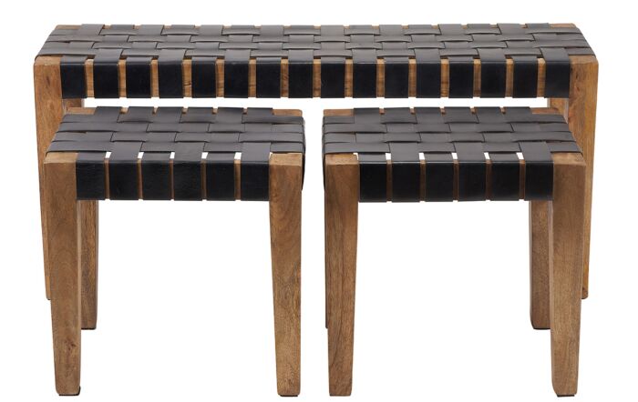 Pacific lifestyle S/3 Claudio Black Woven Leather and Wood Bench and Stools