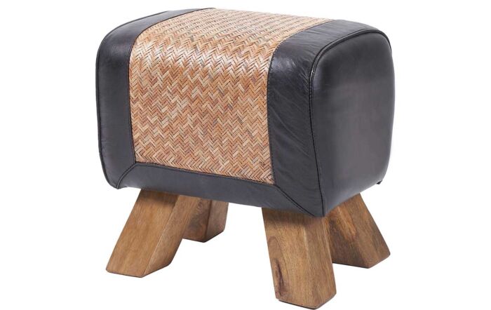Pacific Lifestyle Pommello Black Leather, Woven Rattan and Wood Stool-15-309-BK
