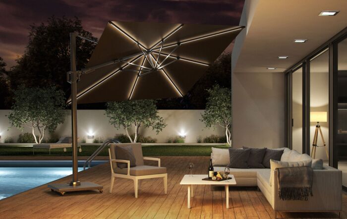 Pacific Lifestyle LED Glow Lighting Side Arm Parasol with Polished Granite Base - Grey