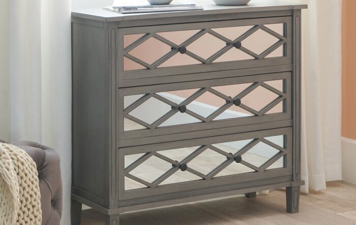 Pacific Lifestyle Puglia Dove Grey Mirrored Pine Wood 3 Drawer Wide Unit-76-277-DG