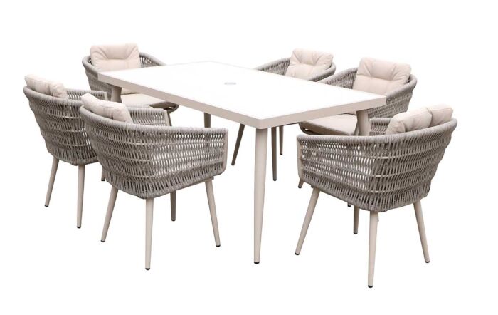 JB Furniture Exclusive Seychelles 6 Seat Rectangle Garden Dining Set with Parasol & Base - Latte-CW-AD330