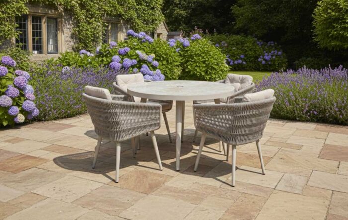 JB Furniture Exclusive Seychelles 4 Seat Round Garden Dining Set with Parasol & Base - Latte-CW-AD329