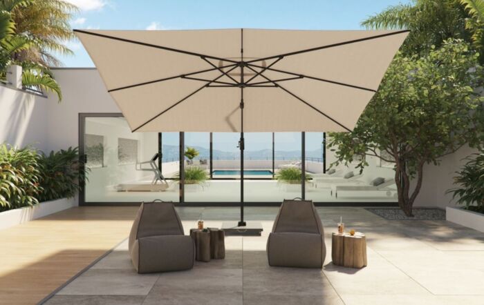 Pacific Lifestyle Voyager T1 3m x 2m Rectangular Taupe Free Arm Parasol With 90kg Wheeled Base-18-302-TA & 18-125