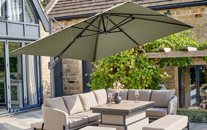 Pacific Lifestyle Challenger Premium T2 3.5m x 2.6m Lush Green Cantilever Parasol With 90kg Wheeled Base-18-193-LU & 18-125-2