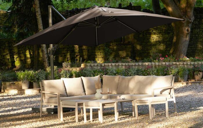 Pacific Lifestyle Glow Challenger T2 3m Square Havana Taupe Free Arm Parasol With 90kg Wheeled Base-18-190-HV & 18-125