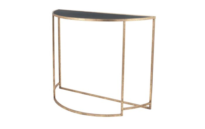 Pacific Lifestyle Veneziano Antique Gold Metal And Black Glass Half Moon Console Table-76-425