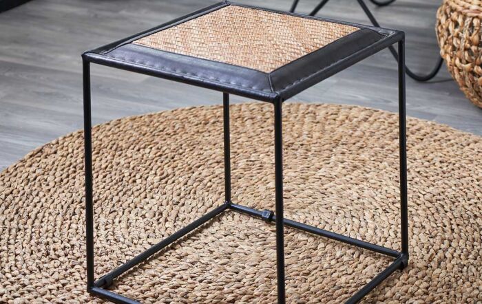 Pacific lifestyle Ezio Black Leather, Woven Rattan and Iron Stool-15-310-BK