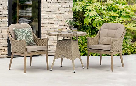 Bramblecrest Monterey 80cm Round Ceramic Top Table & 2 Deluxe Vogue Armchairs Bistro Set - Sandstone