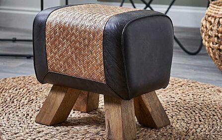 Pacific Lifestyle Pommello Black Leather, Woven Rattan and Wood Stool Pacific Lifestyle Pommello Black Leather, Woven Rattan and Wood Stool
