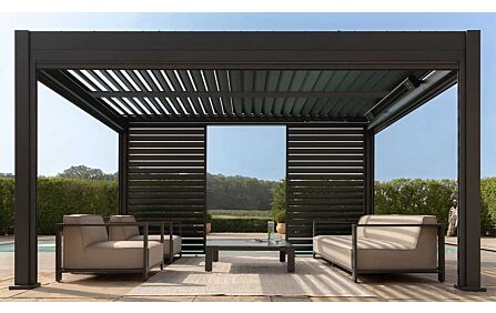 Maze Eden 4m x 4m Aluminium Outdoor Pergola Plus 3 Drop Sides & 4m Louvre Wall Maze Eden 4m x 4m Aluminium Outdoor Pergola Plus 3 Drop Sides & 4m Louvre Wall