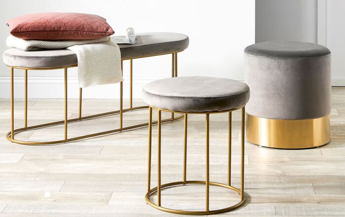 Pacific Lifestyle Juliana Dove Grey Velvet Pouffe with Gold Base