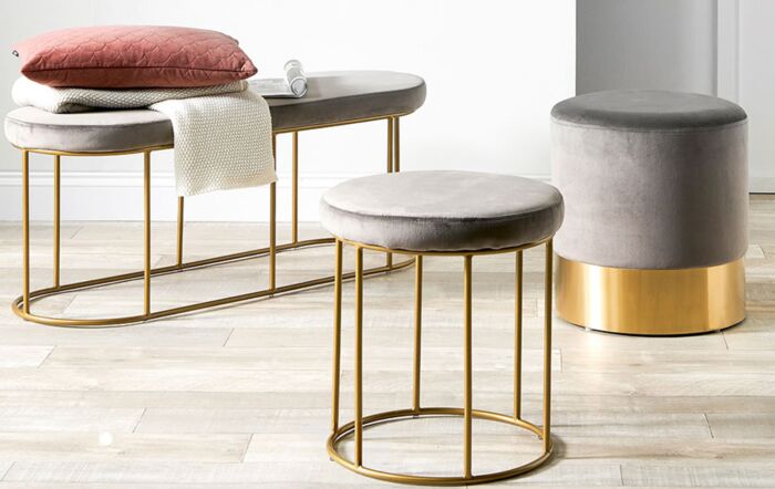 Pacific Lifestyle Nino Dove Grey Velvet Bench with Gold Metal Frame Pacific Lifestyle Nino Dove Grey Velvet Bench with Gold Metal Frame