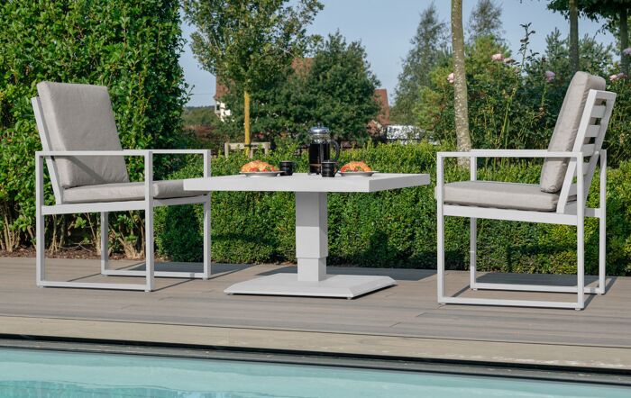 Maze Amalfi 3 Piece Aluminium Bistro Set with Rising Table - White Maze Amalfi 3 Piece Aluminium Bistro Set with Rising Table - White