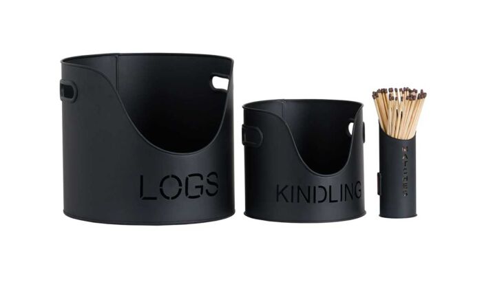 Hill Interiors Black Finish Logs & Kindling Buckets With Matchstick Holder Hill Interiors Black Finish Logs & Kindling Buckets With Matchstick Holder