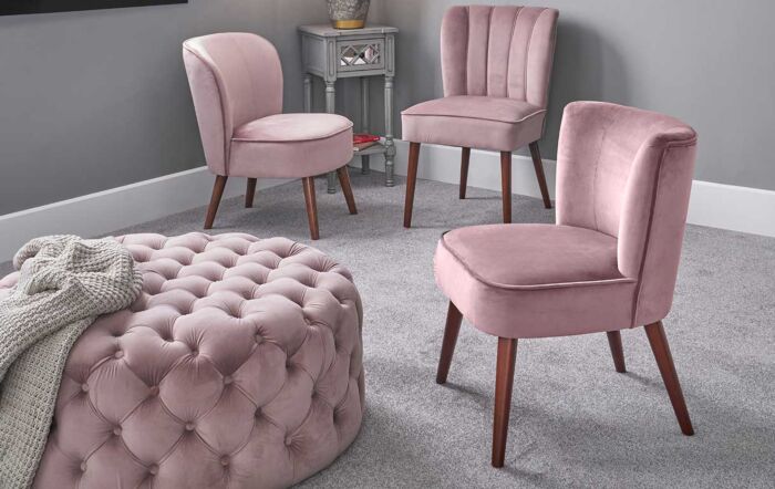 Pacific Lifestyle Rimini Blush Pink Velvet Chair with Walnut Effect Legs Pacific Lifestyle Rimini Blush Pink Velvet Chair with Walnut Effect Legs