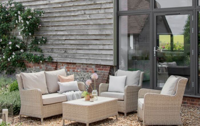 Bramblecrest Chedworth Garden Rattan 2 Seat Sofa with 2 Armchairs and Rectangle Coffee Table - Sandstone