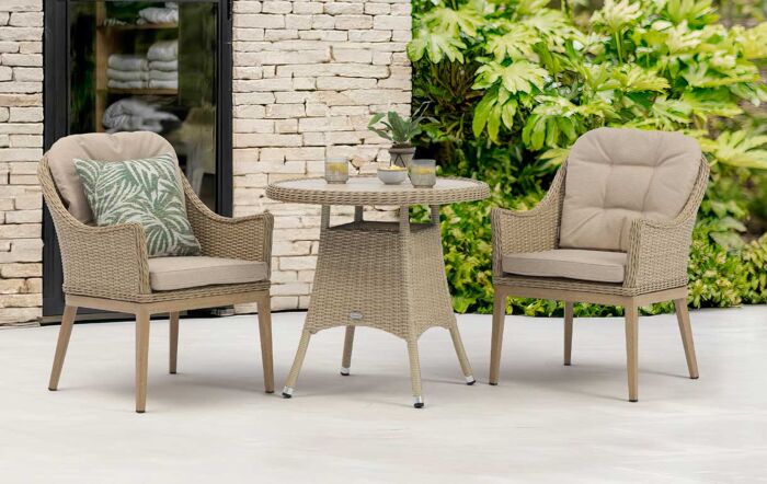 Bramblecrest Monterey 80cm Round Ceramic Top Table & 2 Deluxe Vogue Armchairs Bistro Set - Sandstone