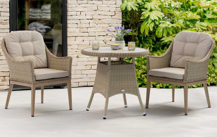 Bramblecrest Monterey 80cm Round Ceramic Top Table & 2 Deluxe Vogue Armchairs Bistro Set - Sandstone