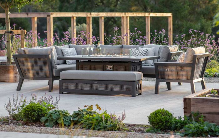 Bramblecrest Tuscan Garden L-Shape Sofa with Rectangle Firepit Table, Bench & Chair - Grey