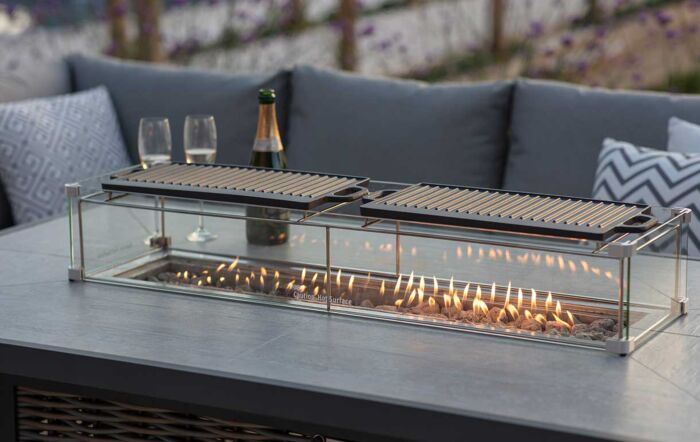 Bramblecrest Tuscan Garden L-Shape Sofa with Rectangle Firepit Table, Bench & Chair - Grey