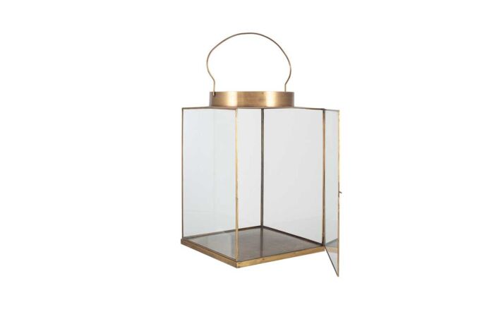 Pacific Lifestyle Antique Brass Metal and Glass Large Square Lantern Pacific Lifestyle Antique Brass Metal and Glass Large Square Lantern