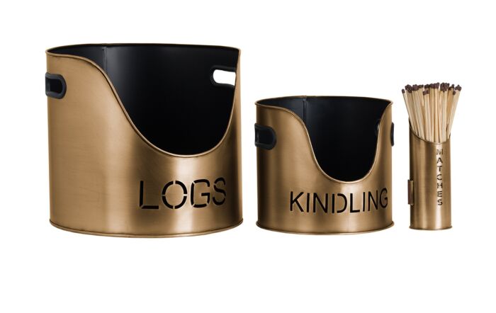Hill Interiors Antique Bronze Log, Kindling Buckets With Matchstick Holders Hill Interiors Antique Bronze Log, Kindling Buckets With Matchstick Holders