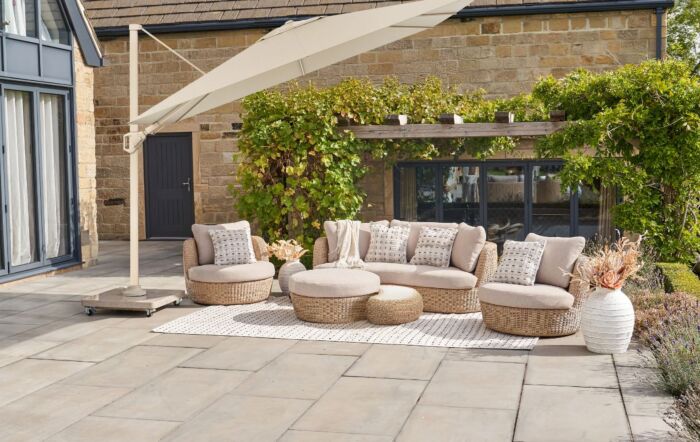 Pacific Lifestyle Challenger T2 2.6 x 3.5 Champagne/Sandstone Parasol With Venezia 90kg Base And 30kg Add On Weight