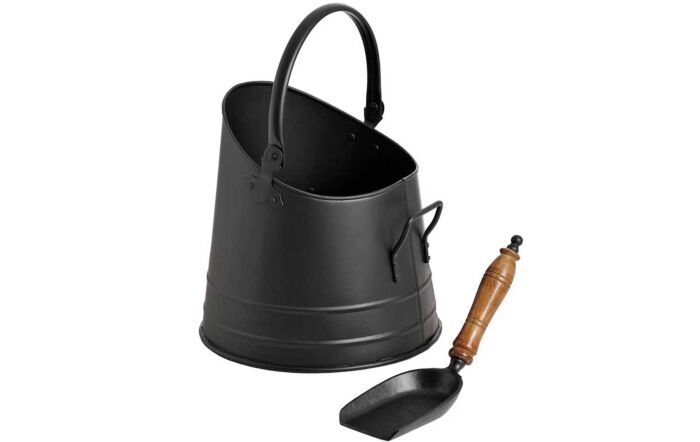 Hill Interiors Black Coal Bucket With Teak Handle Shovel Hill Interiors Black Coal Bucket With Teak Handle Shovel
