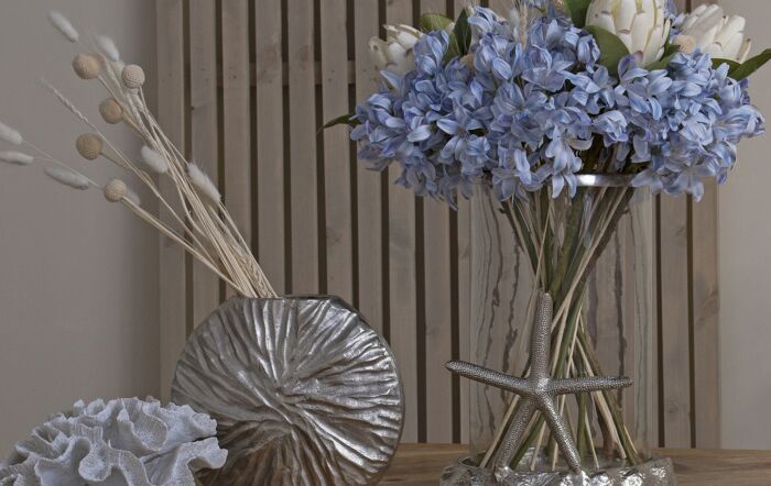 Hill Interiors Coastal Calm Flower Arrangement and Starfish Hurricane