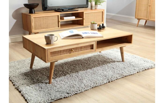 Desser Manhattan Cane & Wood Coffee Table With Drawer And Open Shelf In Natural