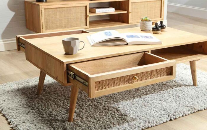 Desser Manhattan Cane & Wood Coffee Table With Drawer And Open Shelf In Natural Desser Manhattan Cane & Wood Coffee Table With Drawer And Open Shelf In Natural