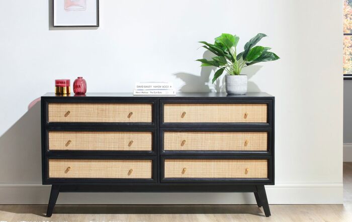 Desser Venice Wide 6 Drawer Chest Unit Rattan & Mango Wood in Black