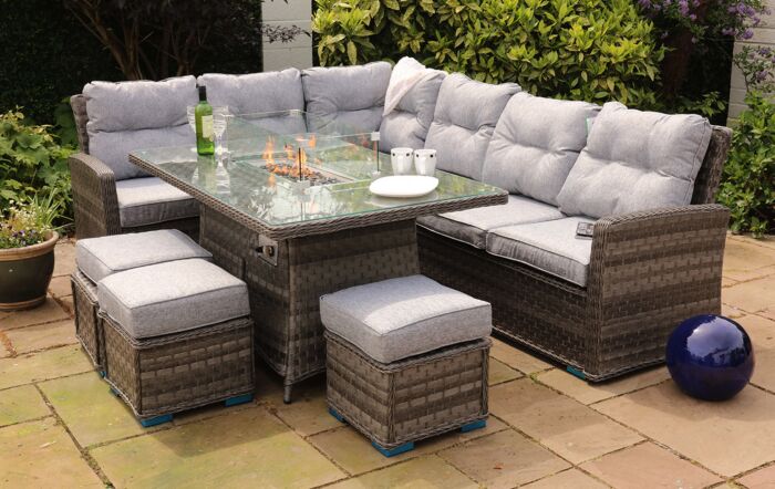 Garda Large Casual Firepit Table & Corner Sofa Set with Stools