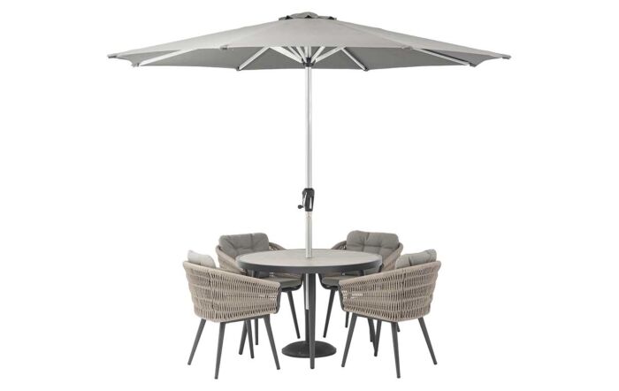 Bramblecrest Mauritius 4 Seat Round Dining Set with Parasol & Base Bramblecrest Mauritius 4 Seat Round Dining Set with Parasol & Base