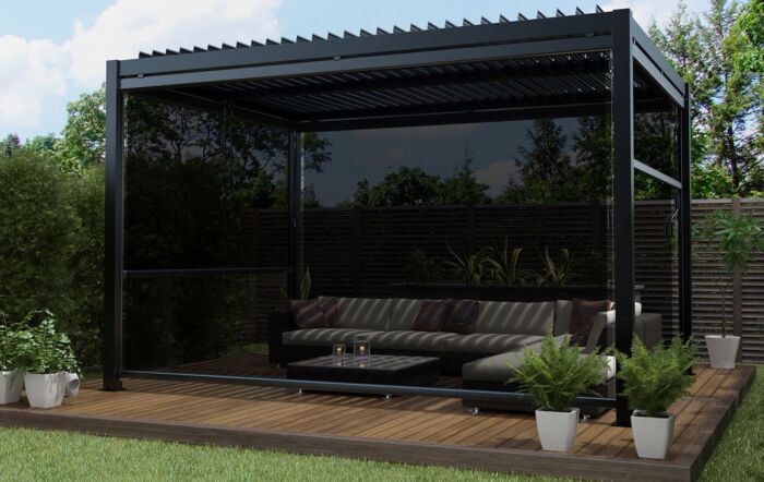 Maze Pergola 3m x 4m With 4 Drop Sides & LED Lighting - Grey Maze Pergola 3m x 4m With 4 Drop Sides & LED Lighting - Grey