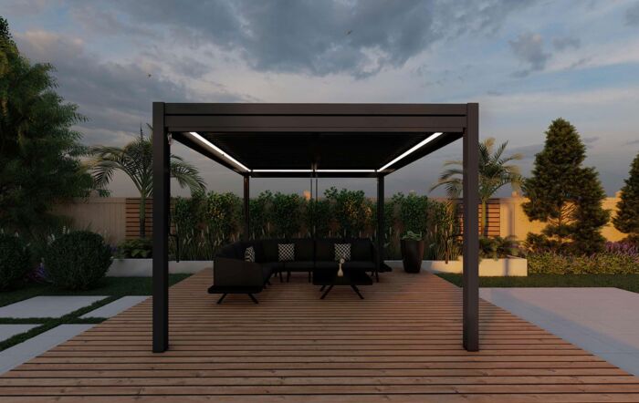 Maze Pergola 3m x 4m With 4 Drop Sides & LED Lighting - Grey Maze Pergola 3m x 4m With 4 Drop Sides & LED Lighting - Grey