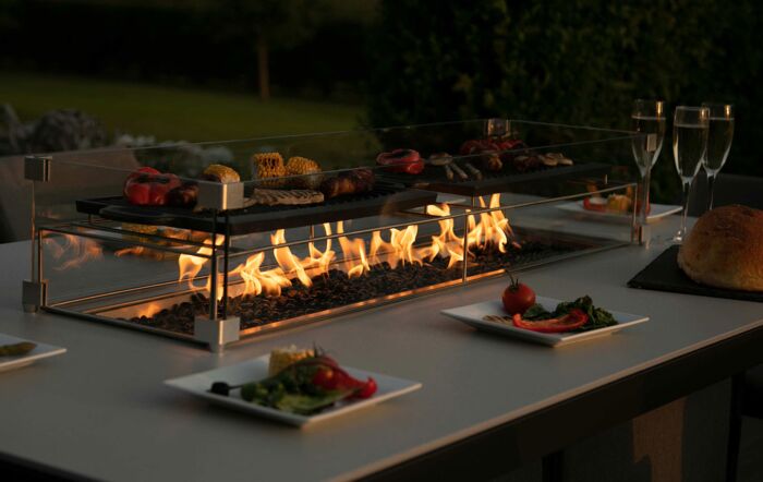 Maze Regal Outdoor Fabric 8 Seat Bar Set with Fire Pit - Lead Chine Maze Regal Outdoor Fabric 8 Seat Bar Set with Fire Pit - Lead Chine