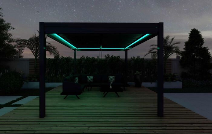 Maze Pergola Aluminium Square 4 x 4m with 4 Drop Sides & LED Lighting - Grey Maze Pergola Aluminium Square 4 x 4m with 4 Drop Sides & LED Lighting - Grey