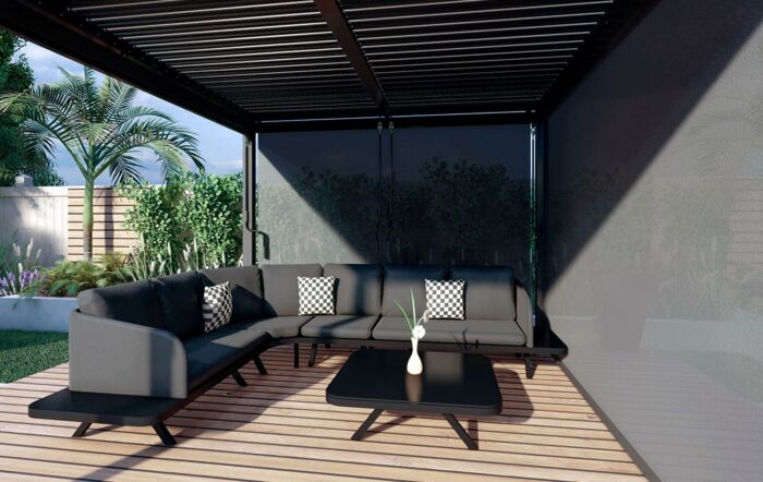 Maze Pergola Aluminium Square 4 x 4m with 4 Drop Sides & LED Lighting - Grey Maze Pergola Aluminium Square 4 x 4m with 4 Drop Sides & LED Lighting - Grey