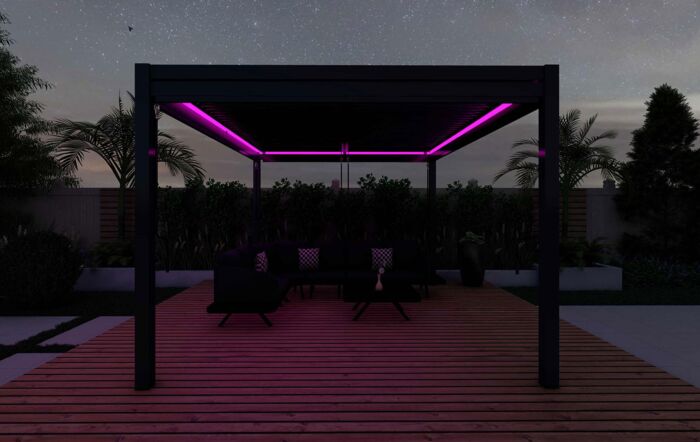Maze Pergola Aluminium Square 4 x 4m with 4 Drop Sides & LED Lighting - Grey Maze Pergola Aluminium Square 4 x 4m with 4 Drop Sides & LED Lighting - Grey