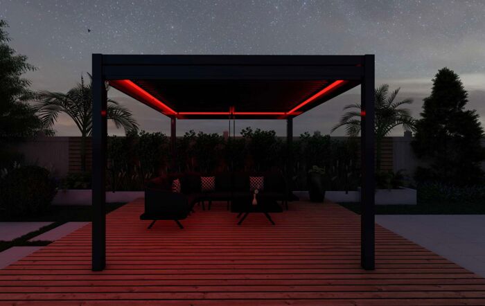Maze Pergola Aluminium Square 4 x 4m with 4 Drop Sides & LED Lighting - Grey Maze Pergola Aluminium Square 4 x 4m with 4 Drop Sides & LED Lighting - Grey