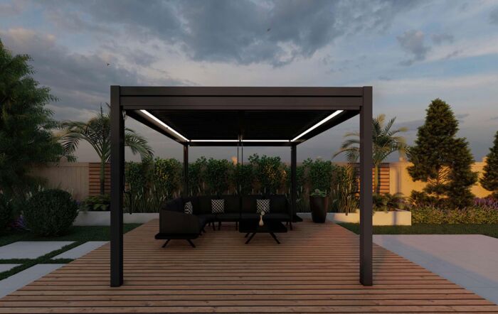 Maze Pergola Aluminium Square 4 x 4m with 4 Drop Sides & LED Lighting - Grey Maze Pergola Aluminium Square 4 x 4m with 4 Drop Sides & LED Lighting - Grey