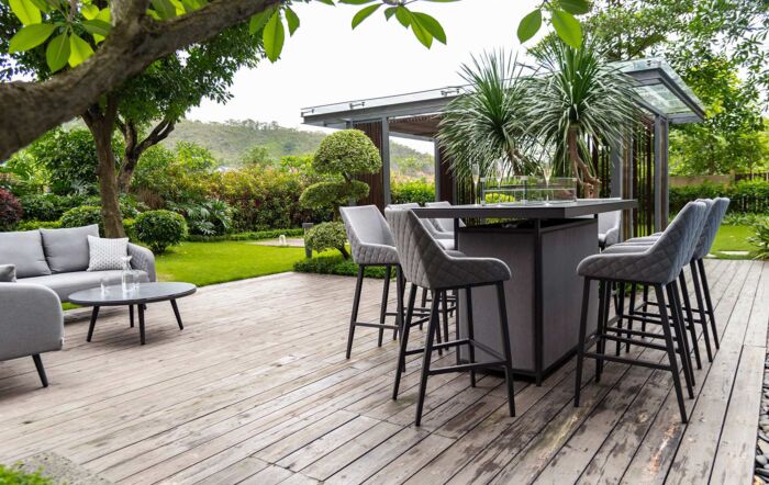 Maze Regal Outdoor Fabric 8 Seat Bar Set With Fire Pit Table - Flanelle Maze Regal Outdoor Fabric 8 Seat Bar Set With Fire Pit Table - Flanelle