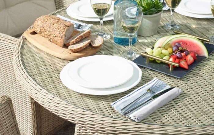 Bramblecrest Monterey Sandstone 6 Seater Round Dining Set - Includes Lazy Susan Parasol & Base Bramblecrest Monterey Sandstone 6 Seater Round Dining Set - Includes Lazy Susan Parasol & Base